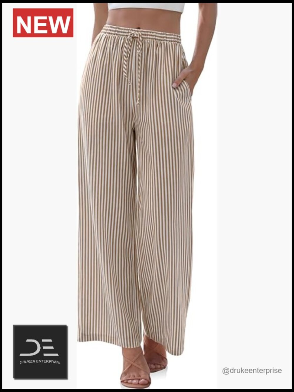 Linen Striped Gingham Wide Leg Palazzo Pants Drawstring Elastic Waist with